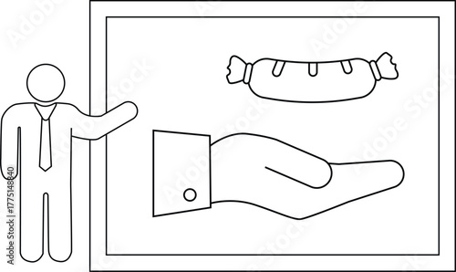 Framed image of a hand presenting a sausage next to a person in a suit pointing towards the image