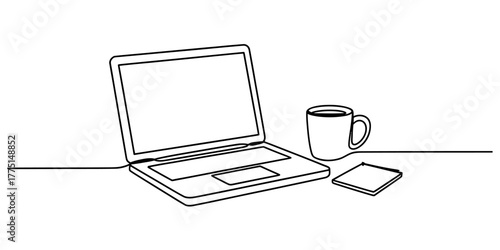 Continuous one line drawing minimalist line drawing of a laptop, coffee mug, and sticky note