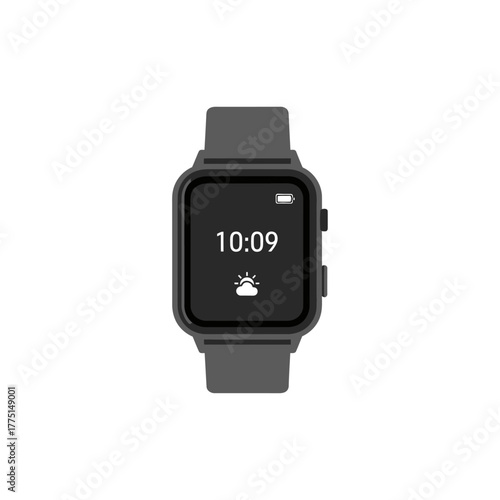 A modern, minimalist smartwatch with a dark display showing the time and weather icon, set against a plain white background.