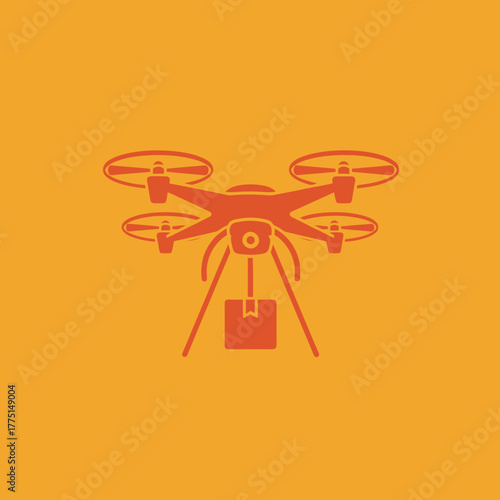 An orange silhouette illustration of a quadcopter drone delivering a package, set against a solid orange background.