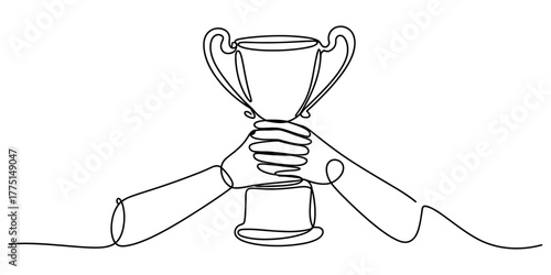 Continuous one line drawing of hands holding a trophy