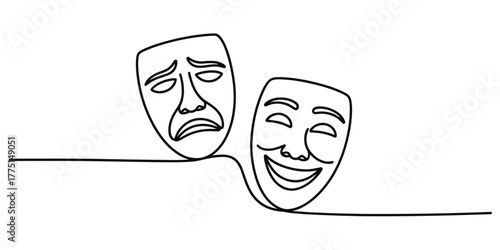 Continuous one line drawing theater masks representing sadness and happiness