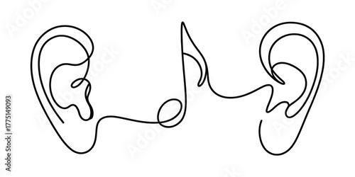 Continuous one line drawing of two ears connected by a musical note