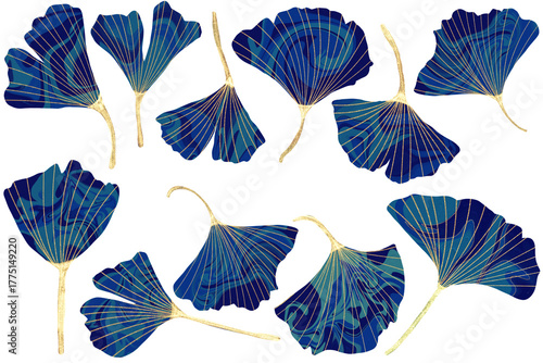Collection of stylized ginkgo biloba leaves in rich blue hues with intricate gold line patterns, ideal for botanical or decorative designs