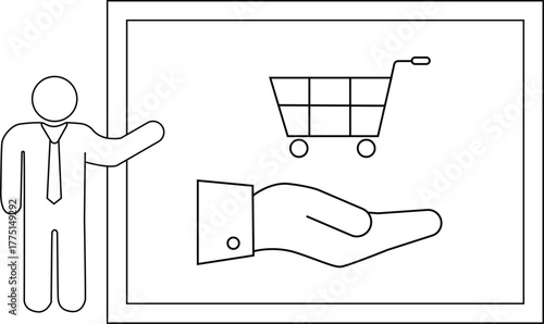 Stick figure presenting a whiteboard with a shopping cart and open hand icon