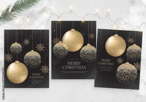Christmas Flyer Template with Bauble Vector for Holiday & NYE New Years Eve in Luxury Black & Gold