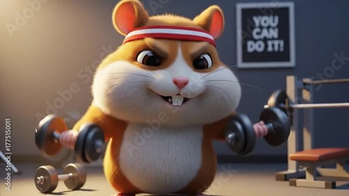 Athletic 3D Cartoon Hamster Wearing Sports Headband Training Energetically on Blue Background