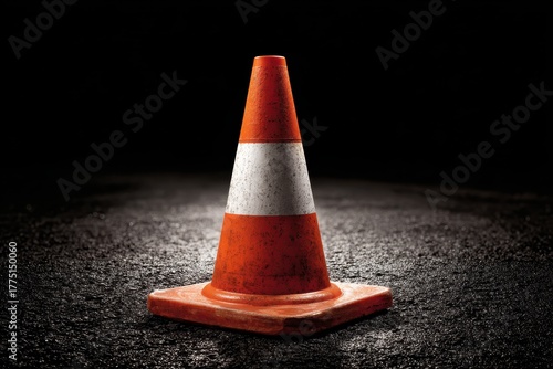 A single bright orange safety cone on asphalt against black