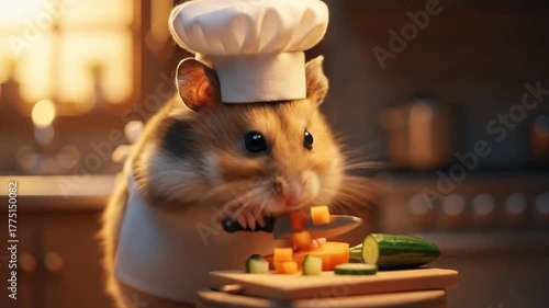 Funny 3D Cartoon Hamster Dressed as a Chef Cooking Delicious Food in Cozy Kitchen Light