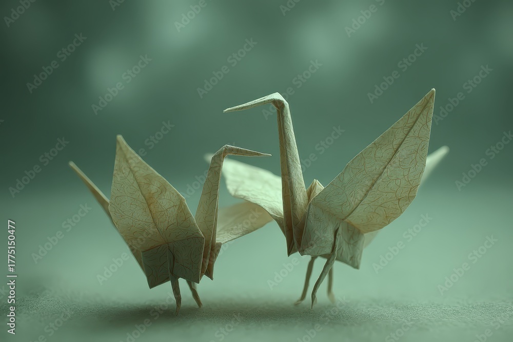 Obraz premium Origami Cranes Standing Together in a Serene Atmosphere