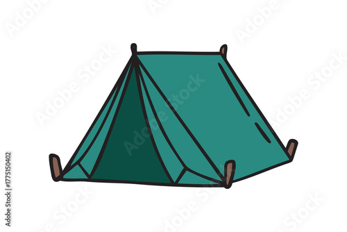 Camping green tent icon doodle hand drawn. colorful cartoon line drawing clipart symbol