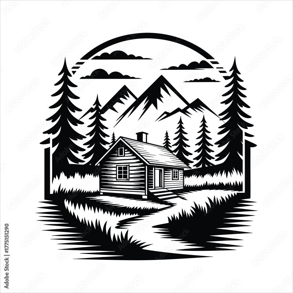 Fototapeta premium Wilderness cabin with tall pine trees vector illustration design