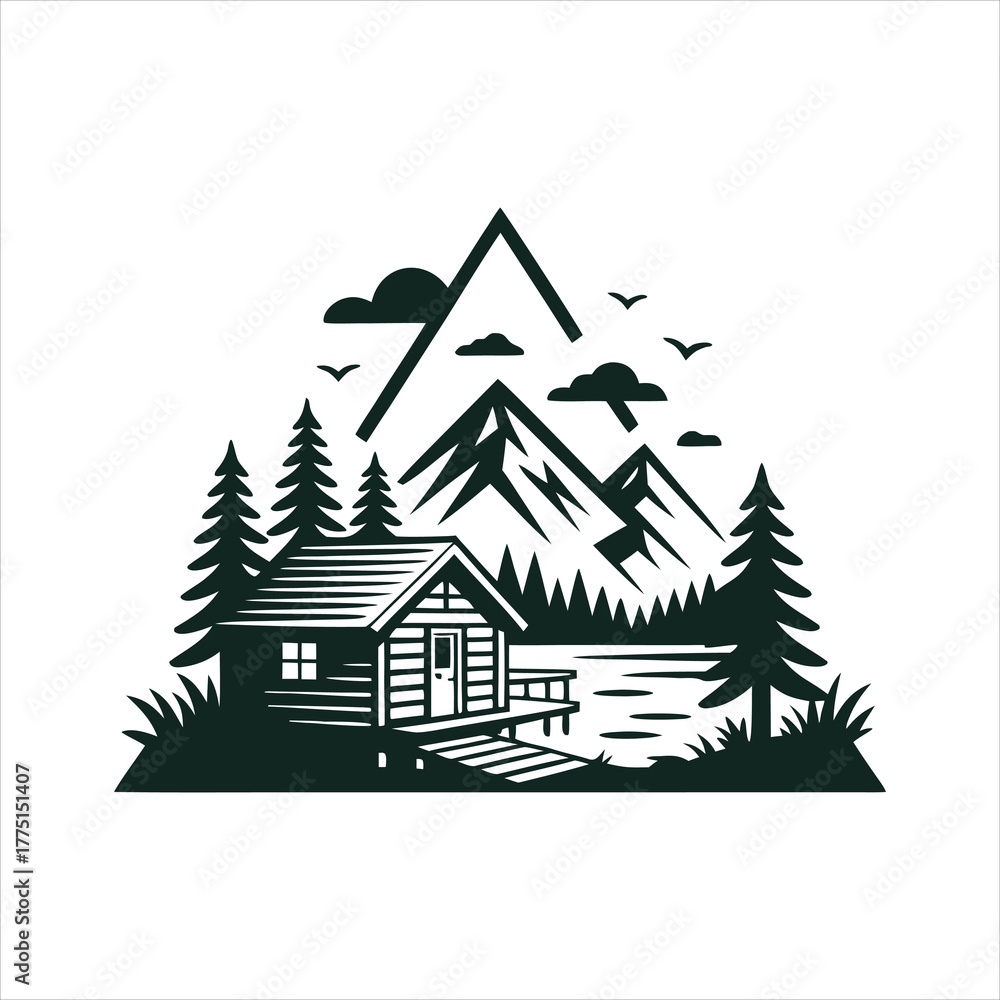 Obraz premium Cabin under mountain sunrise in forest vector design artwork