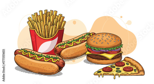 An illustrative collection of popular fast food items including french fries, hot dogs, a hamburger, and a slice of pizza, presented with a hand-drawn style.