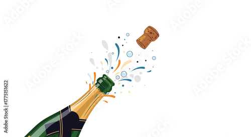 A celebratory moment as a champagne cork dramatically pops from the bottle, releasing a joyous burst of bubbles and liquid.