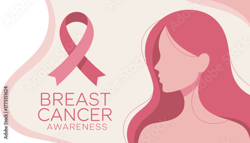 Breast Cancer Awareness Illustration Featuring a Pink Ribbon, Woman's Silhouette and Pink Background