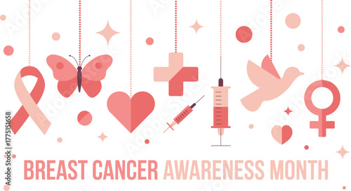 Breast Cancer Awareness Month Design Featuring Pink Ribbon, Butterfly, Heart, Cross, Syringe, Bird, And Female Symbol