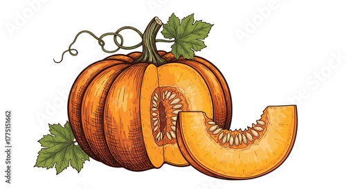 An orange pumpkin illustration, half-cut with visible seeds, accompanied by a separate slice, complete with green leaves and a winding vine.