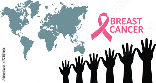 Breast Cancer Awareness Global Support with Pink Ribbon and Uplifting Hands Silhouette