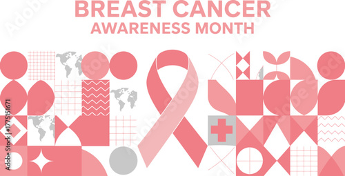 Breast Cancer Awareness Month Design with Pink Ribbon, Geometric Patterns, and World Map Illustration