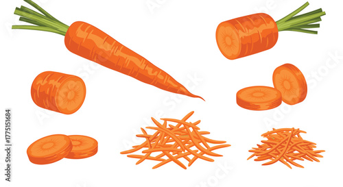 Fresh orange carrots shown in different preparations, including whole, cut, round slices, and shredded piles, isolated on a white background.