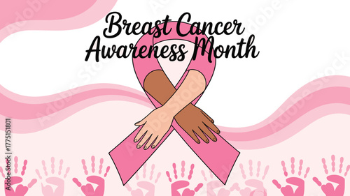 Breast Cancer Awareness Month Featuring a Pink Ribbon with Diverse Hands Illustration