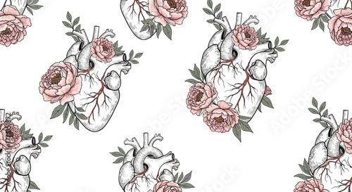 Seamless pattern featuring hand-drawn anatomical hearts adorned with delicate pink peonies and green leaves on a white background.