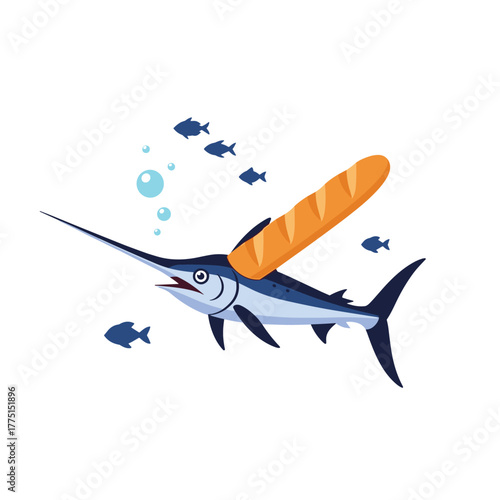 A whimsical swordfish swims underwater with a fresh baguette balanced on its back, surrounded by small fish and bubbles.