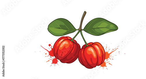 Two ripe, red acerola cherries with vibrant green leaves on a slender branch, illustrated with dynamic juice splatters, highlighting fresh tropical fruit.