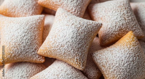Pile of freshly baked beignets dusted with powdered sugar, a classic new orleans treat