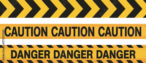 Three yellow warning tapes with black text design tape, warning, yellow, black, caution, danger, stripe, hazard, sign, safety, barrier, construction, alert, pattern, mark, boundary, zone, area, attent