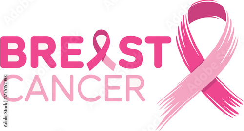 Breast Cancer Awareness with Pink Ribbon and Breast Cancer Text on White Background