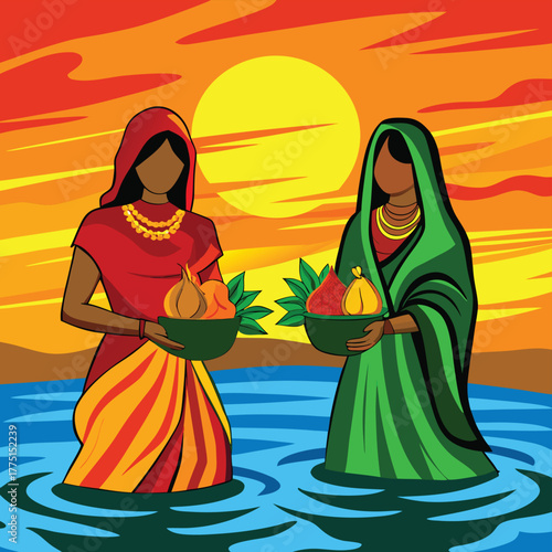 Two women in traditional indian attire holding baskets of fruit and flowers during a sunset by the water Adobe Illustrator Artwork