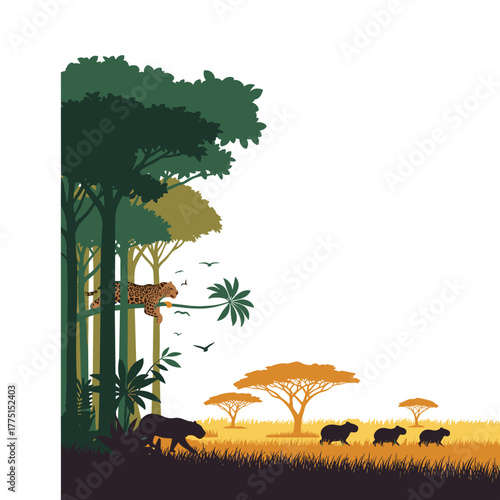 Vibrant wildlife illustration blending dense jungle and open savanna, featuring a leopard, a stalking panther, and grazing capybaras.