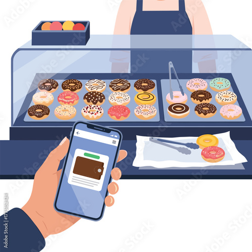 Hand holding smartphone with mobile wallet app, ready to pay for assorted donuts at a bakery counter with a shop assistant present.