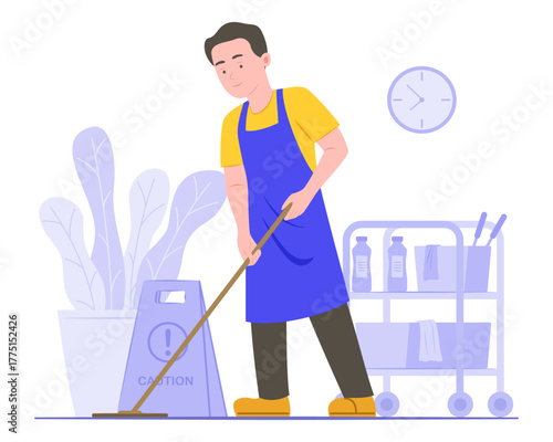 Janitor Man Cleaning Room with Mop for Cleaning Service Occupation Concept Illustration