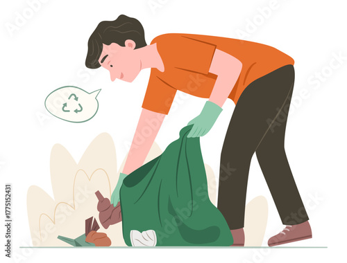 Young Man Picking Up the Bottle Waste into the Garbage Bag for Recycle and Waste Sorting Concept Illustration Clip Art