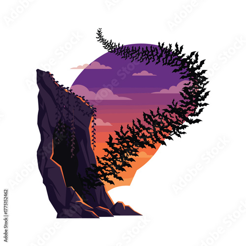 Silhouetted against a vibrant sunset, a large swarm of bats streams out of a mysterious cave on a rocky cliff adorned with hanging vines.
