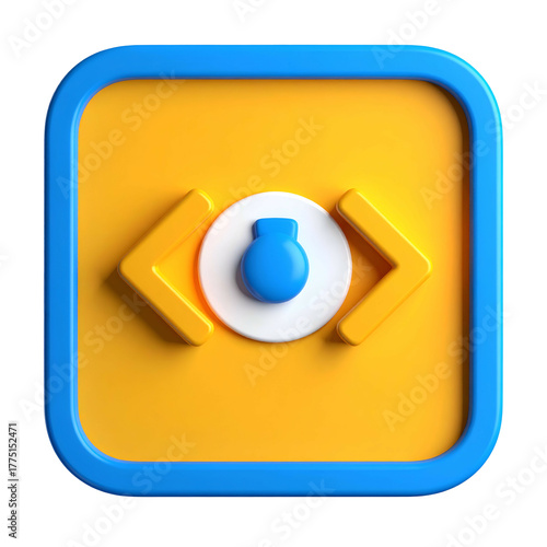 Blue-bordered square with coding symbol and central orb on a textured yellow backdrop