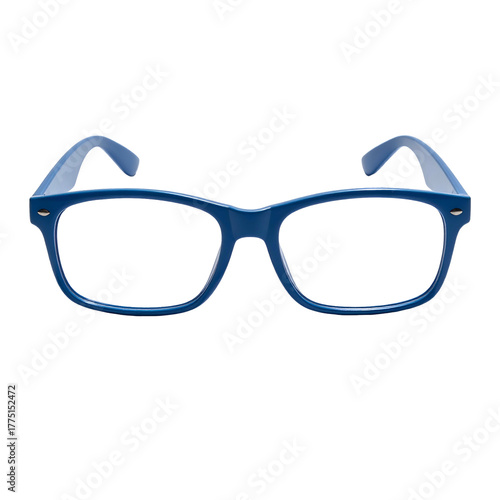 Blue-framed spectacles on black background. Eyewear for fashion or vision correction