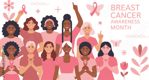 Diverse Group of Women Supporting Breast Cancer Awareness Month with Ribbons, Butterflies and Pink Flowers