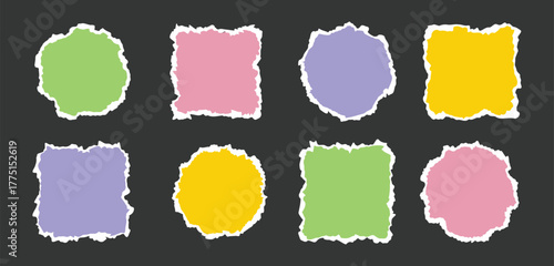 Torn piece of paper isolated circle and square shape. Piece of paper with a torn edge. Cute colors geometric shape with a white torn edge.