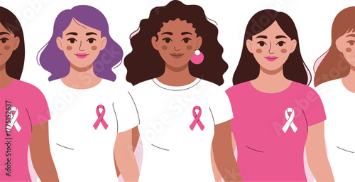 Diverse Women Support Breast Cancer Awareness with Pink Ribbons on White and Pink TShirts