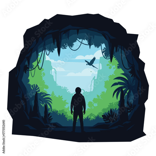 A solitary person stands in a shadowy cave entrance, contemplating the vibrant, sunlit tropical jungle landscape beyond with a bird soaring in the bright sky.
