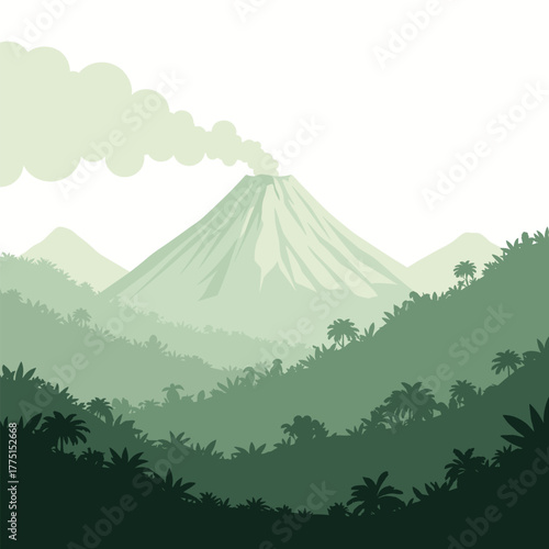 A serene, layered monochromatic green illustration depicting an active volcano erupting in a lush tropical jungle mountain landscape.