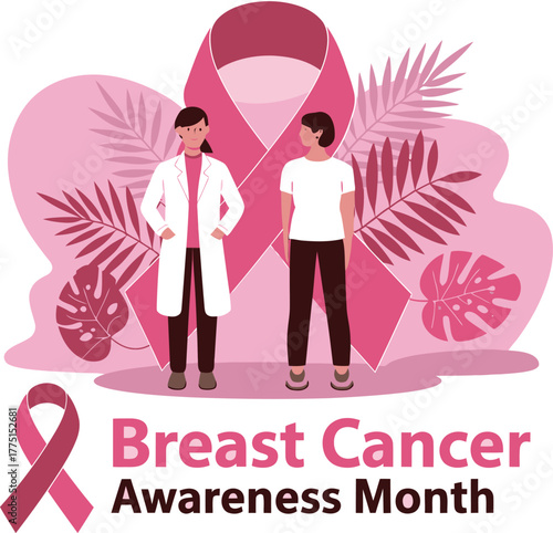 Doctor and Woman with Pink Ribbon for Breast Cancer Awareness Month Illustration Art