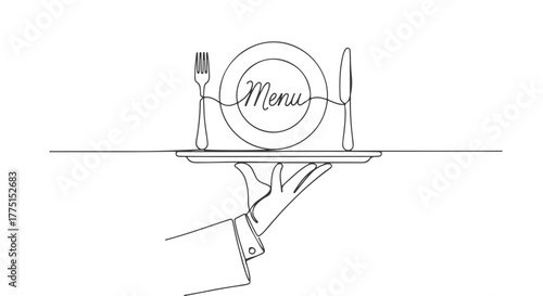 One Line Continuous Menu Concept Elegant Hand Holding a Serving Tray with a Plate, Fork, and Knife for Restaurant