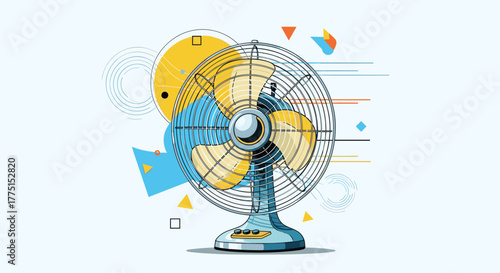 A modern vector art illustration of a retro electric table fan with yellow blades and a blue stand, with abstract geometric shapes creating a sense of movement.