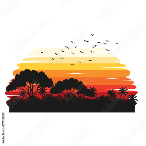 Vibrant sunset over a tropical savanna landscape with dark silhouetted trees and a flock of birds migrating across the colorful sky.
