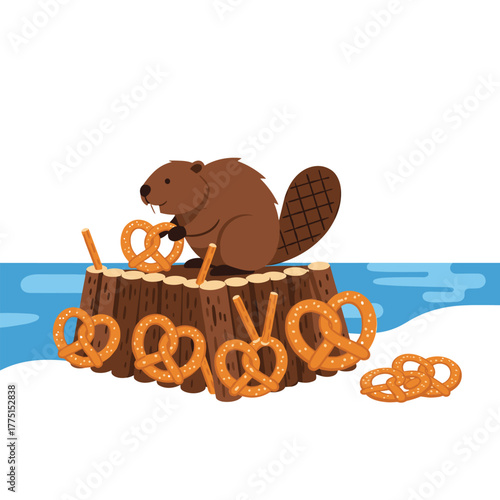 A cheerful cartoon beaver sits on a tree stump, enjoying a pretzel amidst a collection of snacks by a peaceful snowy river.